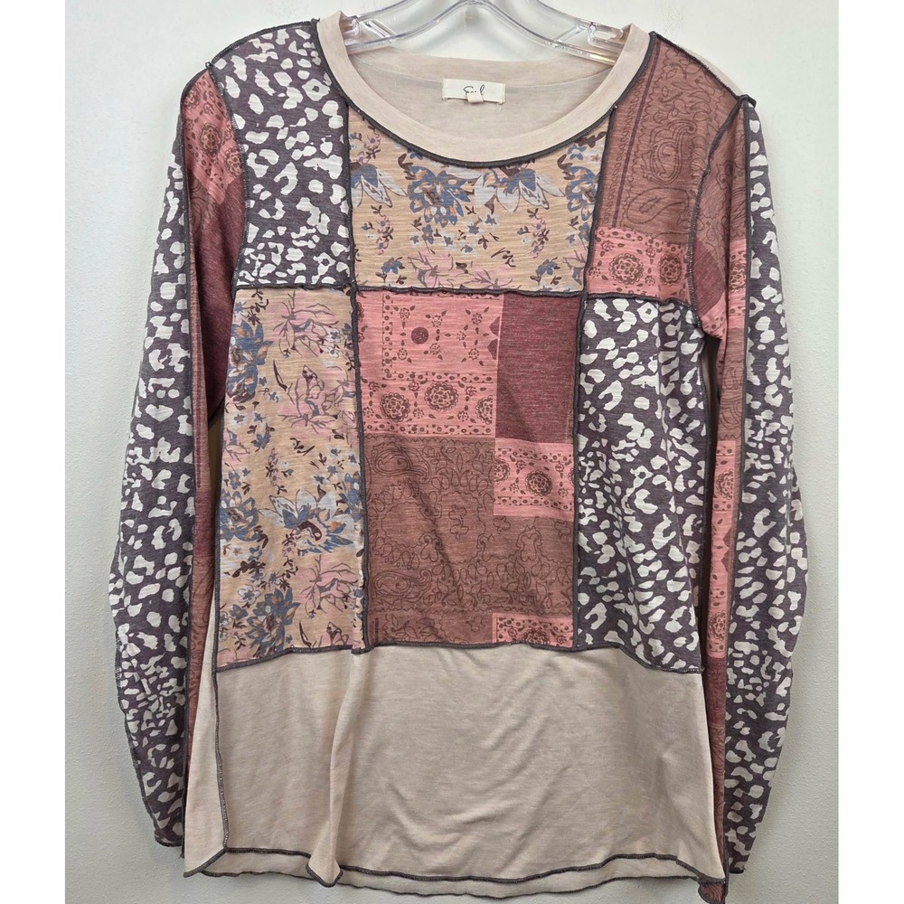 easel Patchwork Long Sleeve Tee in Mauve, Taupe and Rose